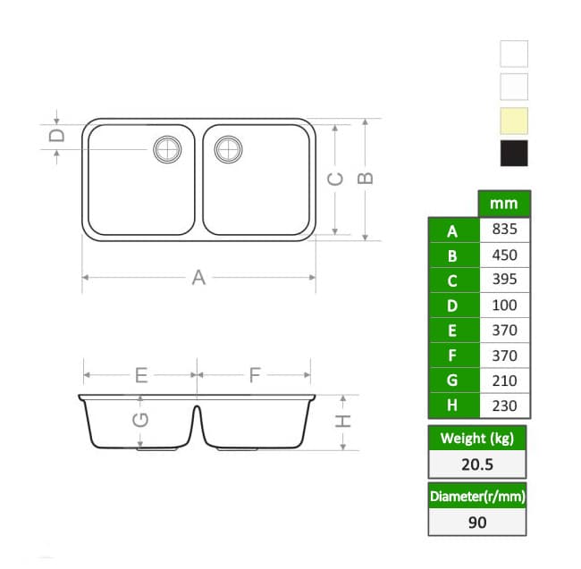 Évier double bac A-101 en Solid Surface — vue 4
