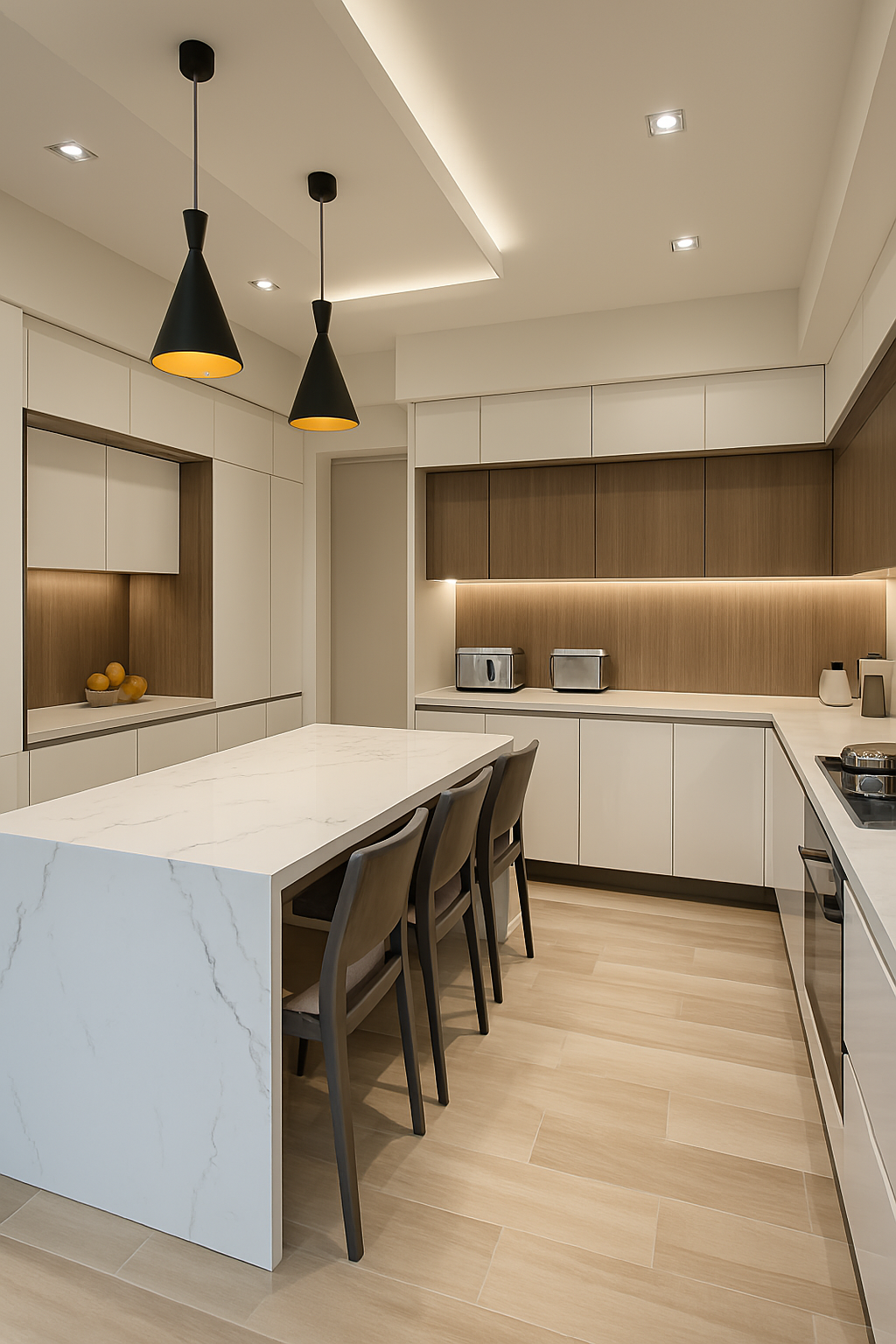 Cuisine sur mesure Solid Surface îlot blanc veiné Tunisie