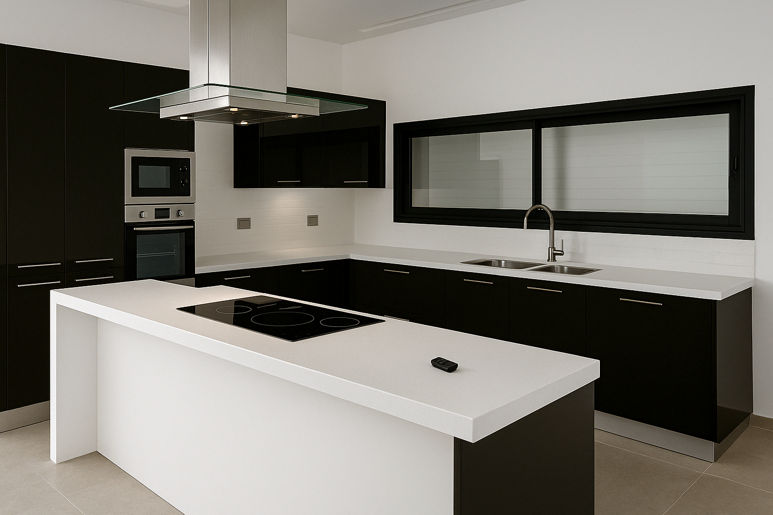 Cuisine îlot central Solid Surface blanc mat noir Tunis