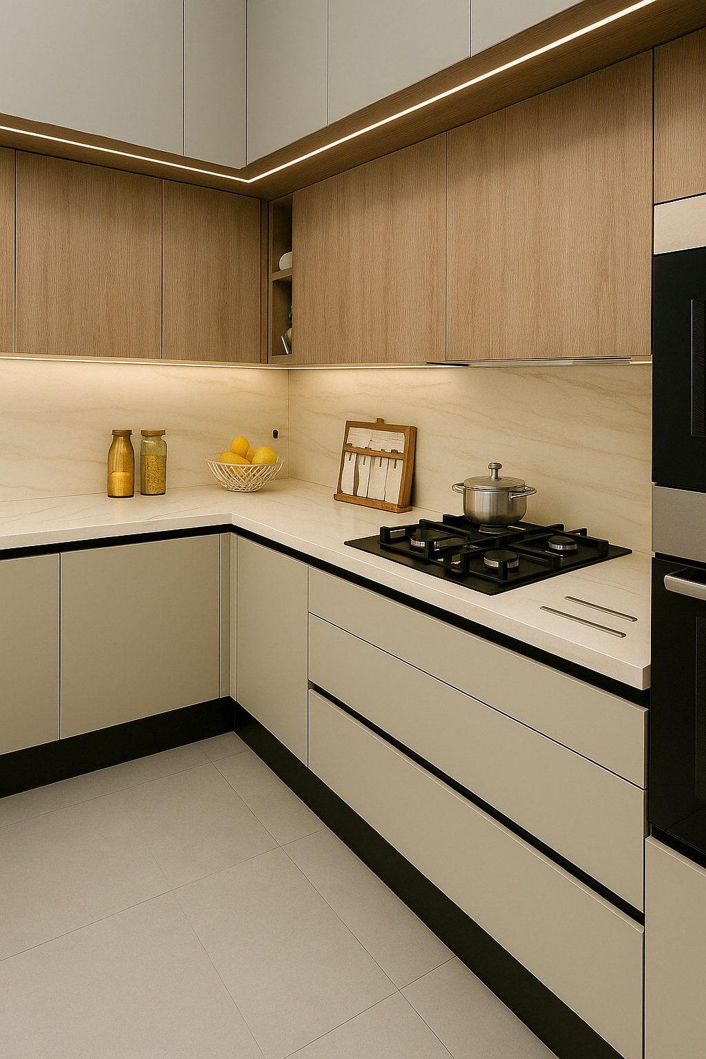 Cuisine sur mesure beige veiné Solid Surface Tunisie