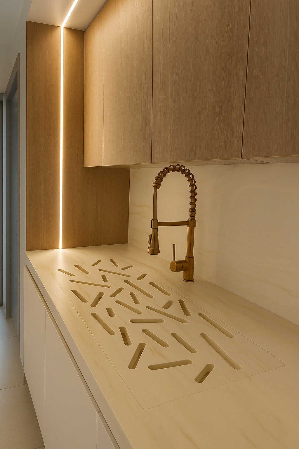 Plan de travail beige veiné Solid Surface cuisine Tunisie